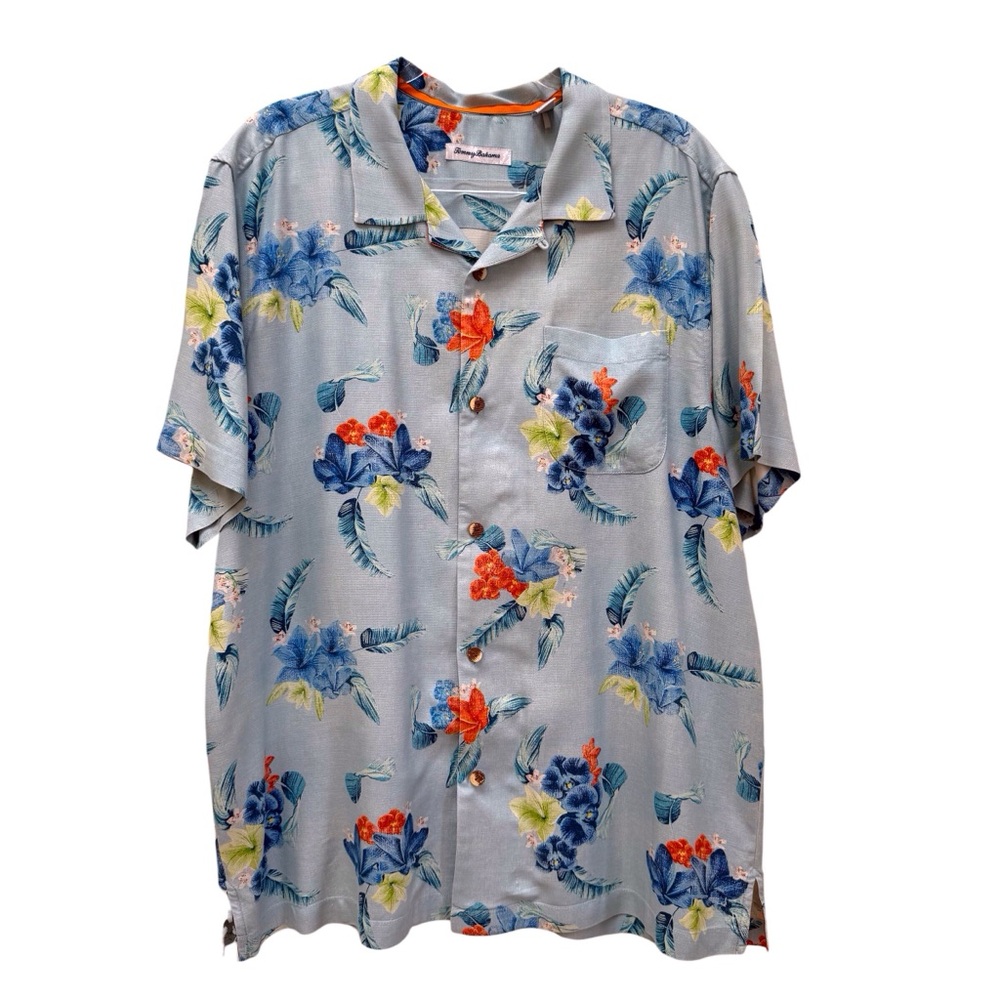 Tommy Bahama 100% Silk Floral Hawaiian Shirt XL Tropical Hibiscus Plumeria